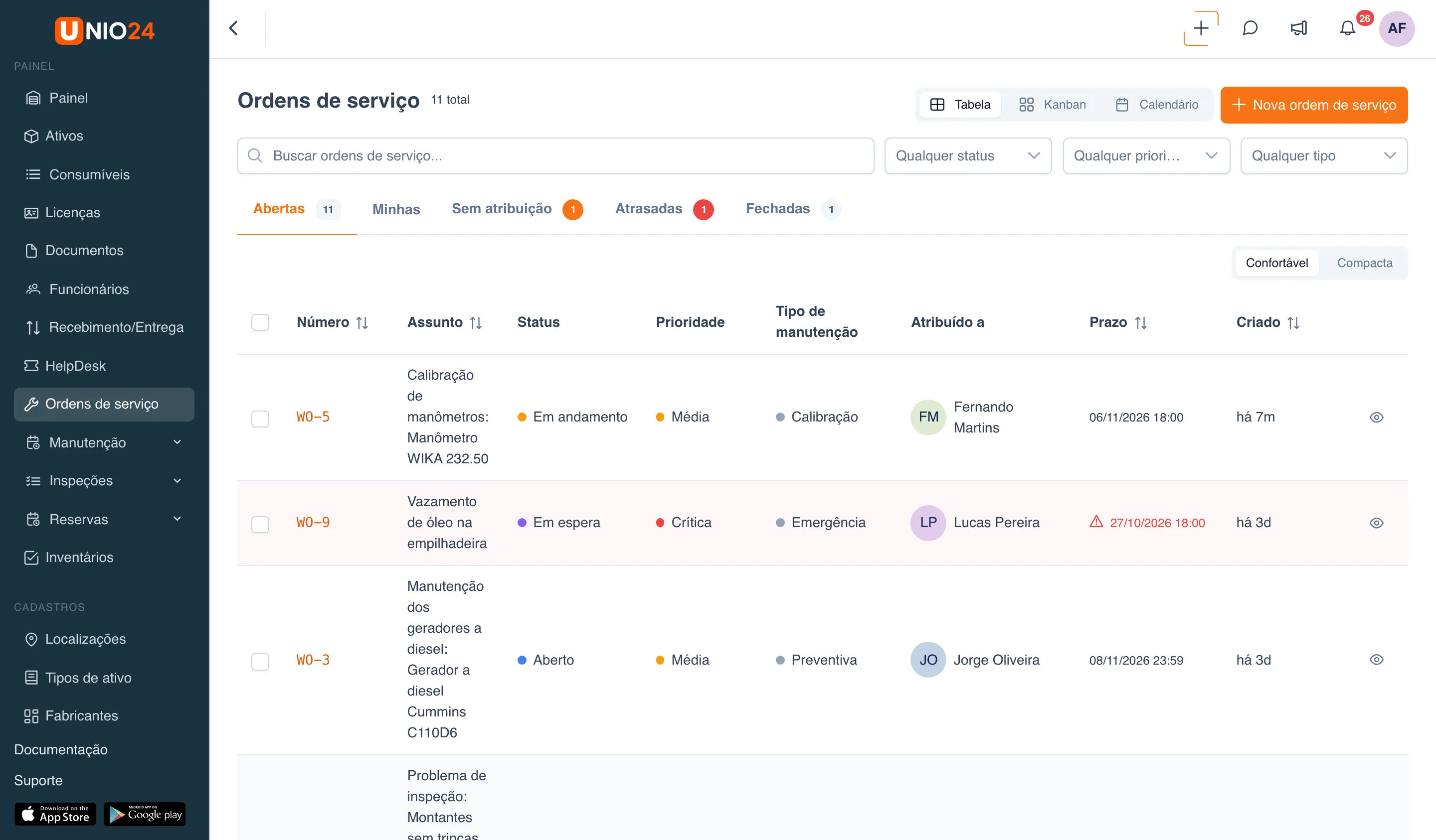 Página “Ordens de serviço” na visualização “Tabela”: alternância “Tabela” / “Kanban” / “Calendário” e o botão “Nova ordem de serviço”, a busca e os filtros, as abas “Abertas”, “Minhas”, “Sem atribuição”, “Atrasadas”, “Fechadas”, a alternância “Confortável” | “Compacta” e a tabela de ordens com as colunas “Número”, “Assunto”, “Status”, “Prioridade”, “Tipo de manutenção”, “Atribuído a”, “Prazo”, “Criado”